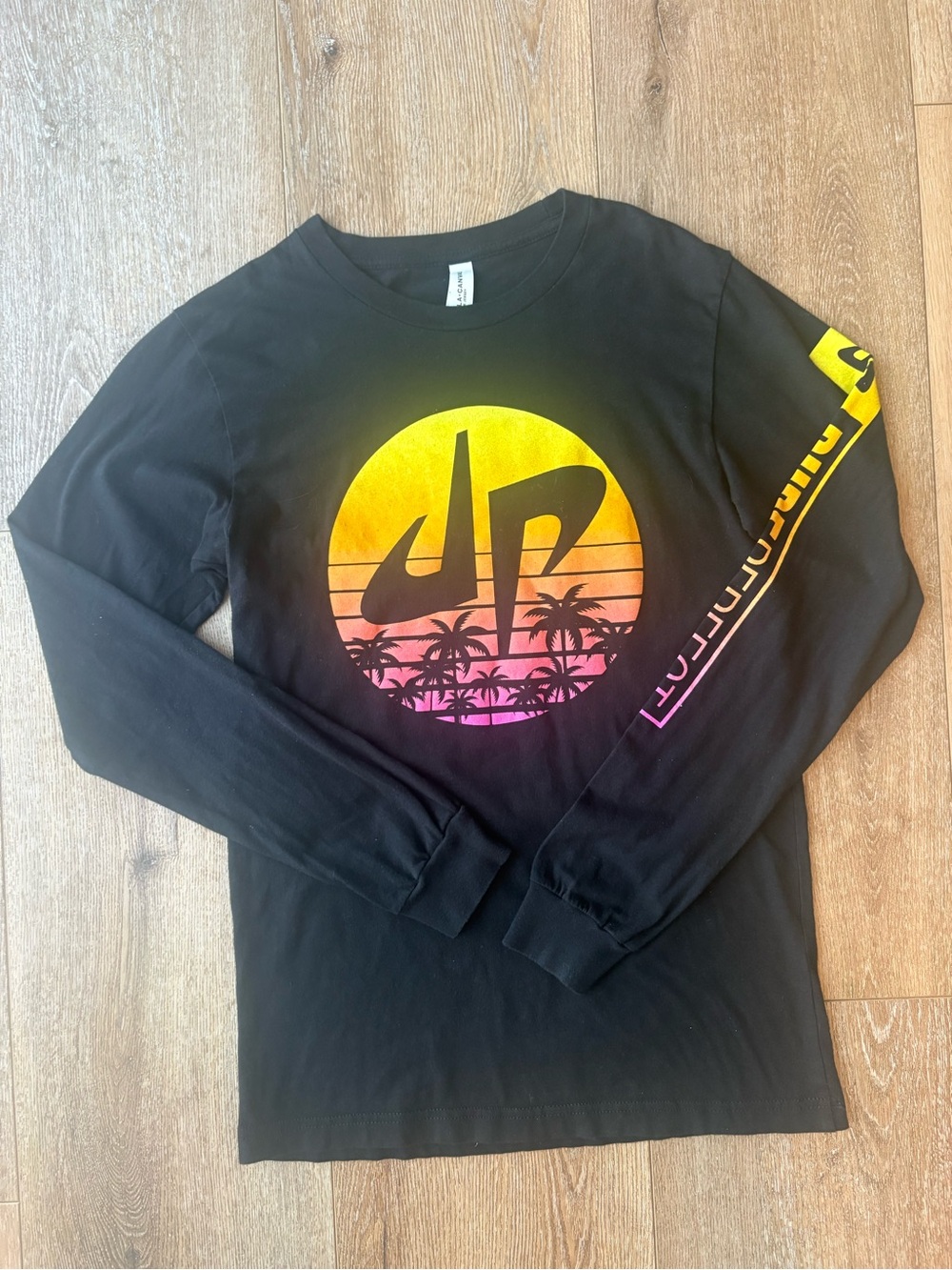 Dude Perfect Men's S Black Long-Sleeve Panda Monium 2023 Graphic Tee Sunset Logo
